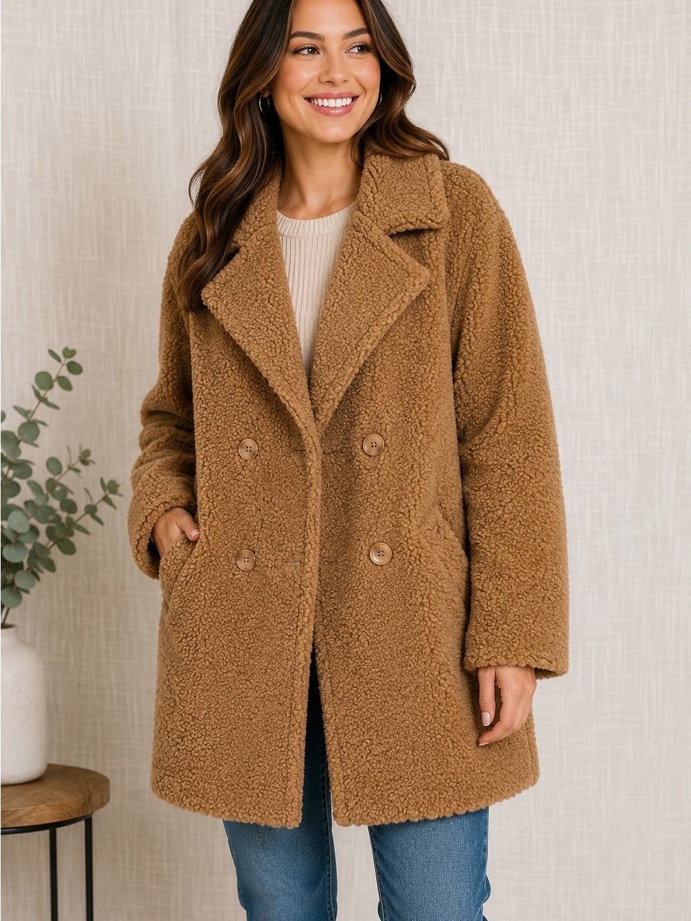 Kenneth Cole Coat Size 2X Camel Teddy Coat - Double-Breasted Sherpa Jacket